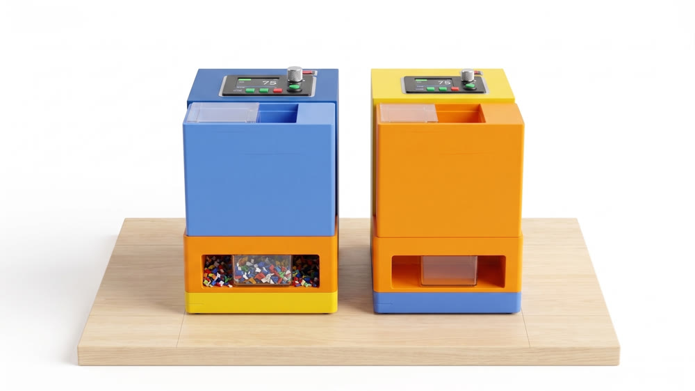Render de estúdio da dupla de módulos Nomad, azul e laranja, sobre mesa de madeira